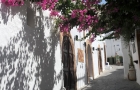 Wyspa Rodos. Jedna z wielu wąskich uliczek w zabytkowym mieście Lindos. Po obu stronach charakterystyczne białe domy i kwitnące pnącza. - foto: wnieznane.pl